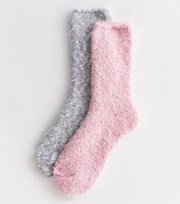 New Look 2 Pack Light Grey and Pink Fluffy Socks